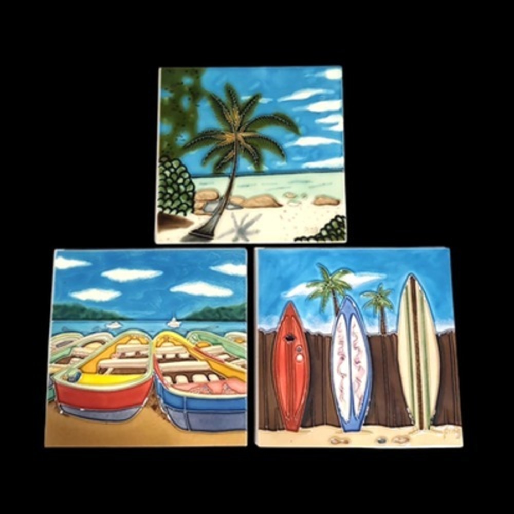 PING Ceramic Art Tile Set Lot of 3 Beach Surf Boats Wall Hanging Easel Trivet